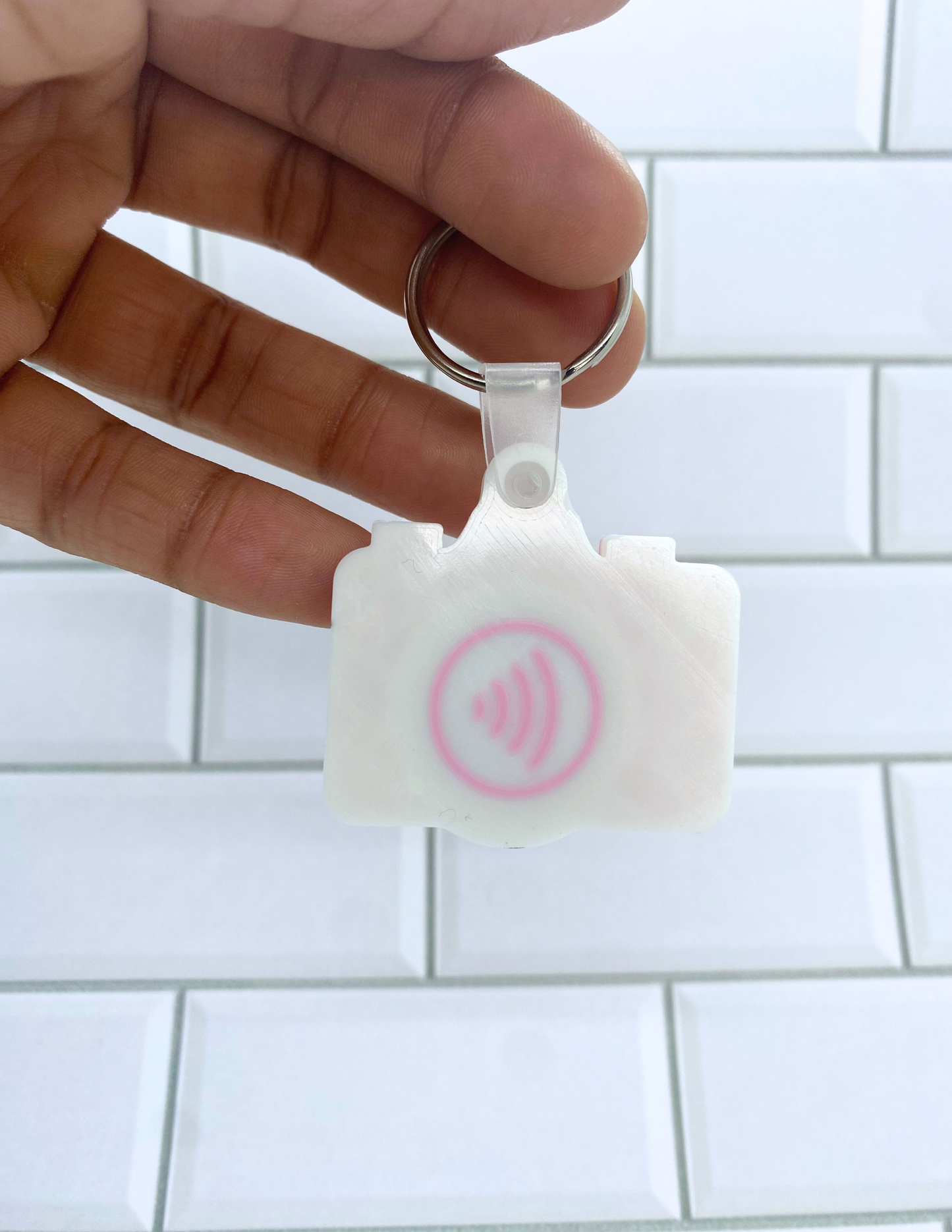 Pink Camera NFC Keychain – Physical 3D Printed Key Ring, Smart Contactless Tag for Sharing Links, Info & More