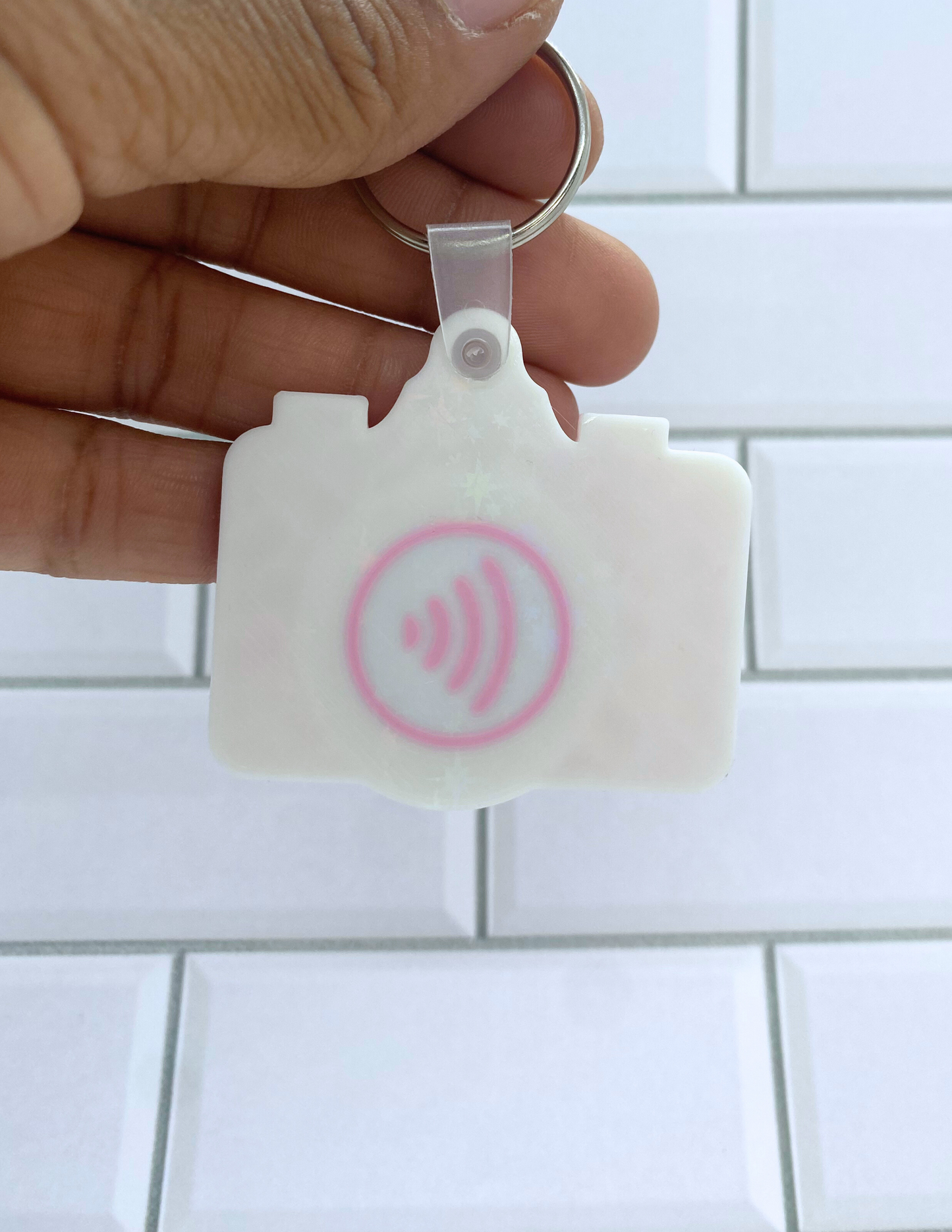 Pink Camera NFC Keychain – Physical 3D Printed Key Ring, Smart Contactless Tag for Sharing Links, Info & More