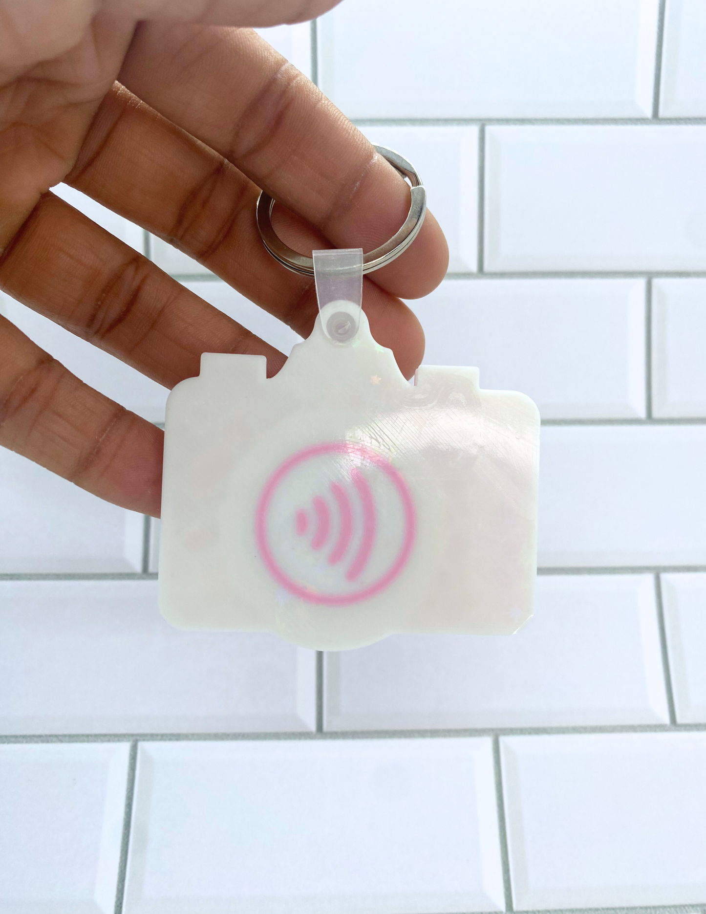 Pink Camera NFC Keychain – Physical 3D Printed Key Ring, Smart Contactless Tag for Sharing Links, Info & More