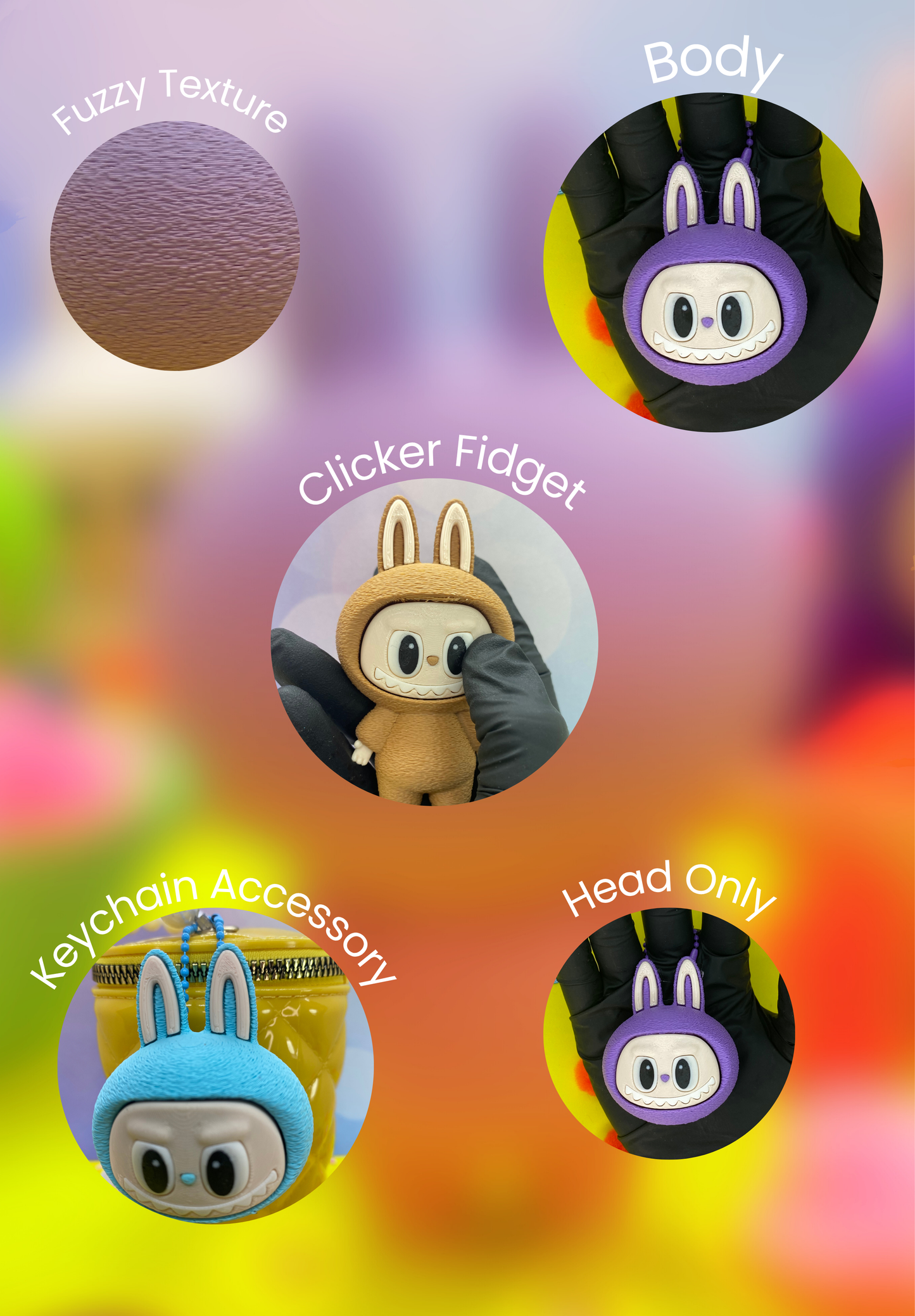 Customizable Labubu Fidget Toy – Articulated Clicker Keychain | Full Body or Head Only | Glow-in-the-Dark Sensory Toy