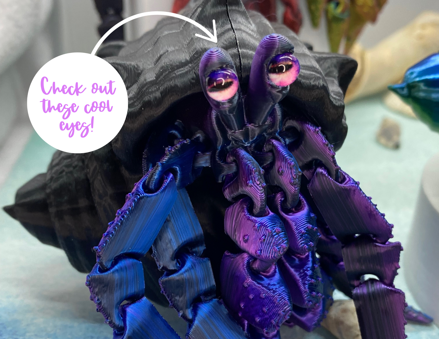 3D Printed Articulated Hermit Crab Toy – Hermes the Flexible Fidget Desk Pet with Custom Shell & Crab Colors