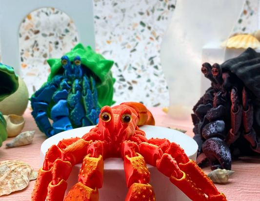 3D Printed Articulated Hermit Crab Toy – Hermes the Flexible Fidget Desk Pet with Custom Shell & Crab Colors