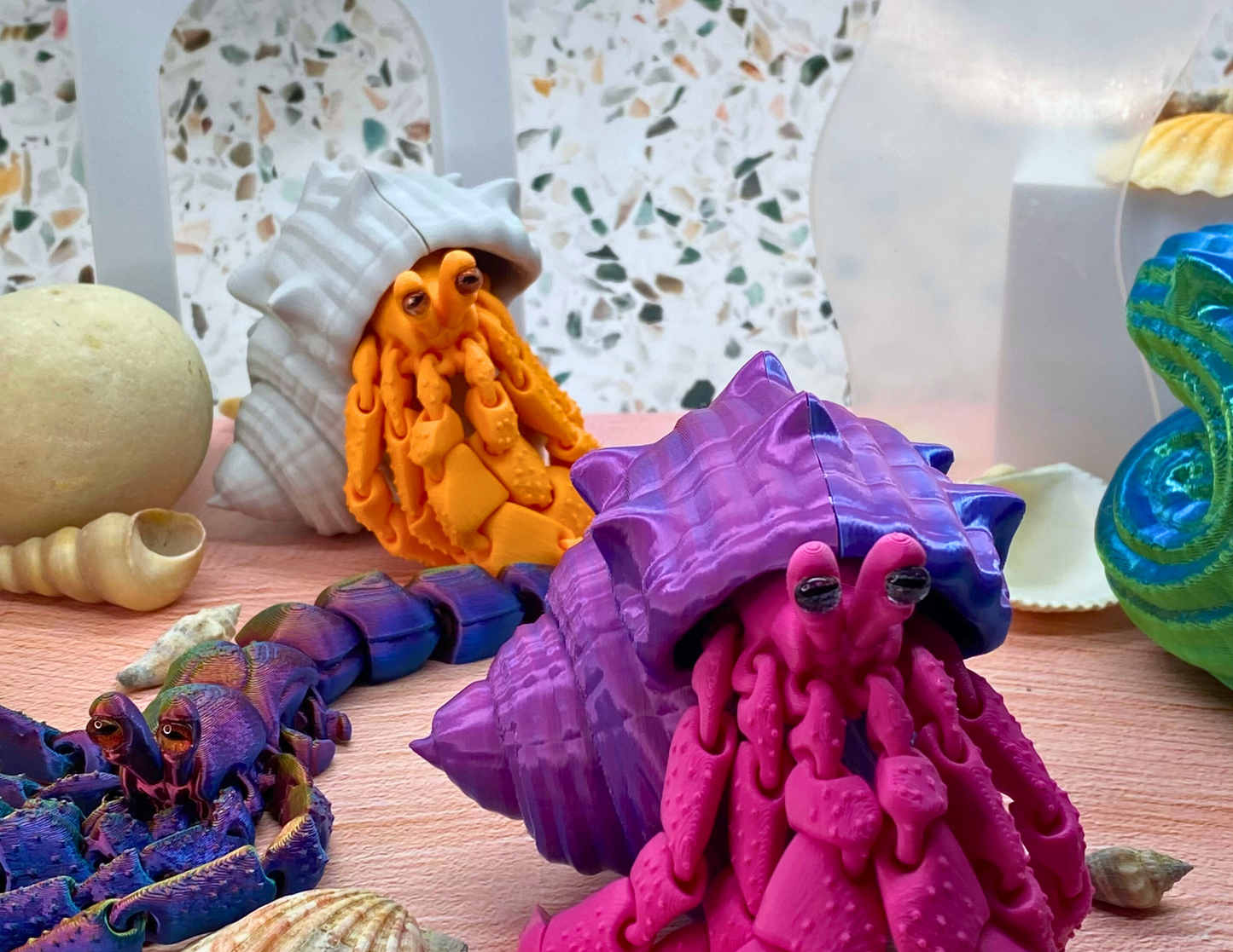 3D Printed Articulated Hermit Crab Toy – Hermes the Flexible Fidget Desk Pet with Custom Shell & Crab Colors