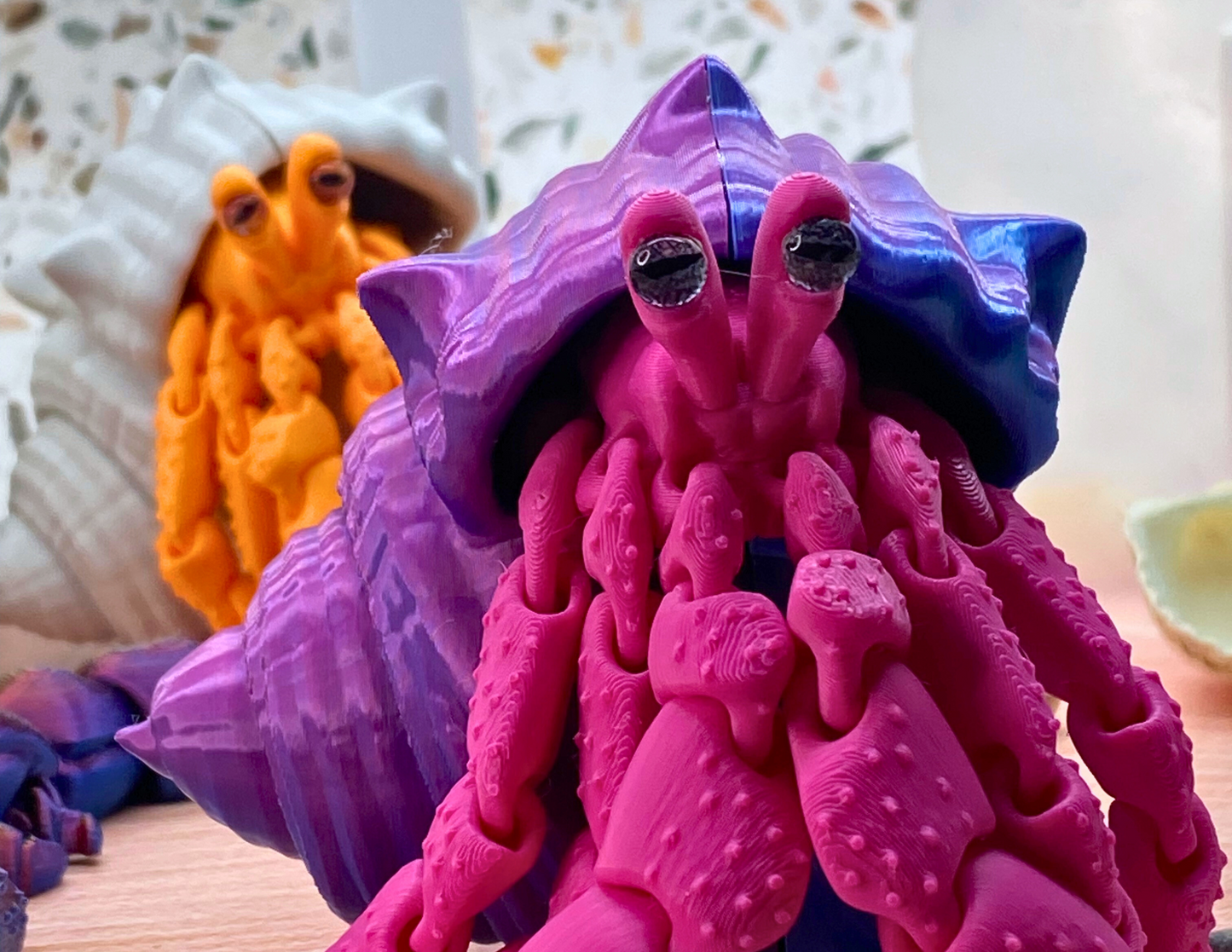 3D Printed Articulated Hermit Crab Toy – Hermes the Flexible Fidget Desk Pet with Custom Shell & Crab Colors