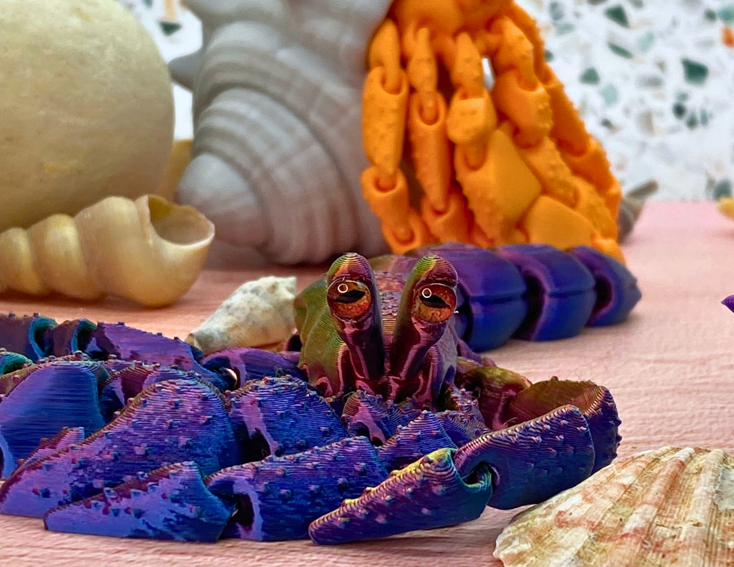 3D Printed Articulated Hermit Crab Toy – Hermes the Flexible Fidget Desk Pet with Custom Shell & Crab Colors